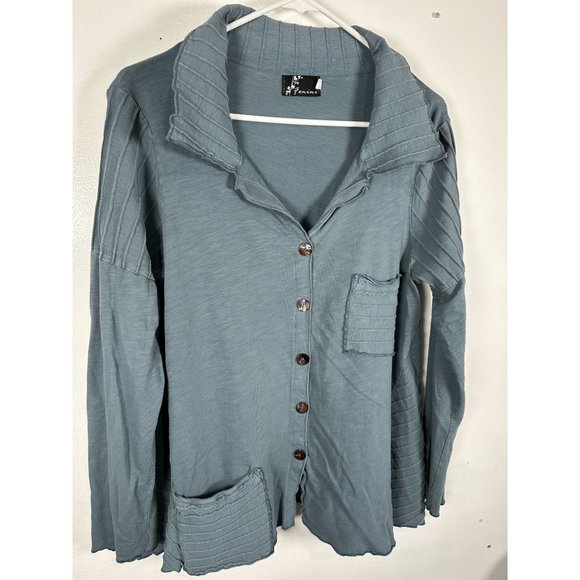 Fenini Womens Medium Top Blouse Lagenlook Button Up Long Sleeve Pockets Collared - Picture 7 of 10